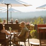 The patio at The Juniper features a sunny mountain day with excellent views unobstructed by town.